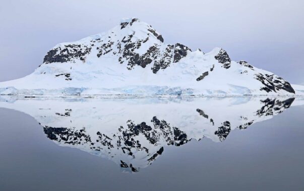 Paradise Harbor: Blick auf Berg und Bucht im Eis der Antarktis