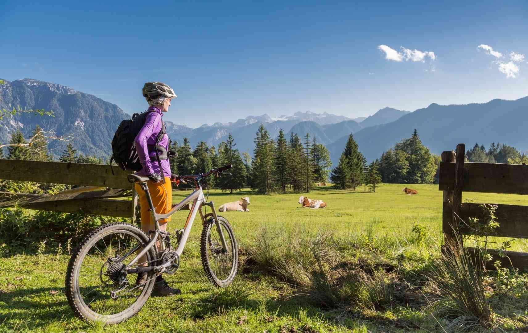 Frau mit Mountainbike in den Bergen