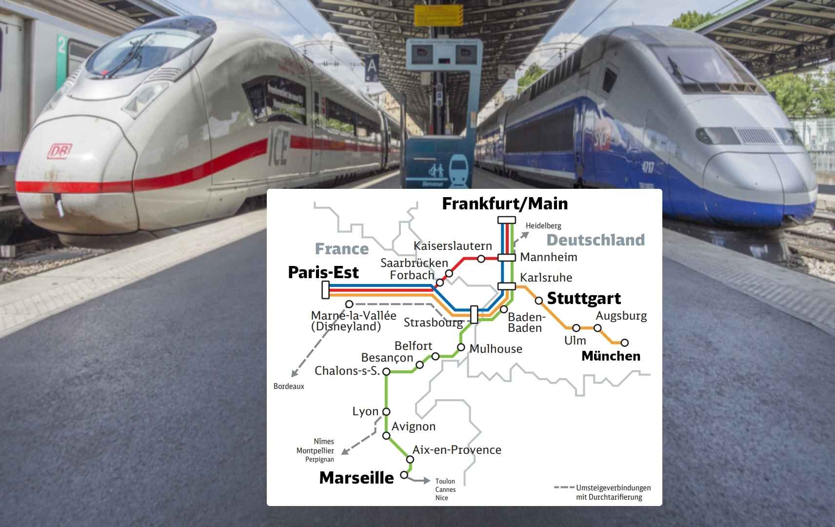 ICE und TGV im Bahnhof und Karte zeigt Verbindungen zwischen Deutschland und Frankreich