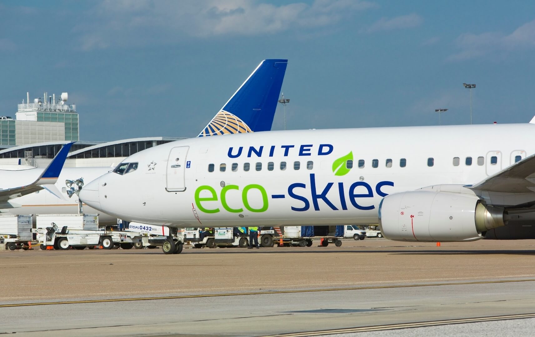 United Airlines Flugzeug mit Aufschrift eco-skies