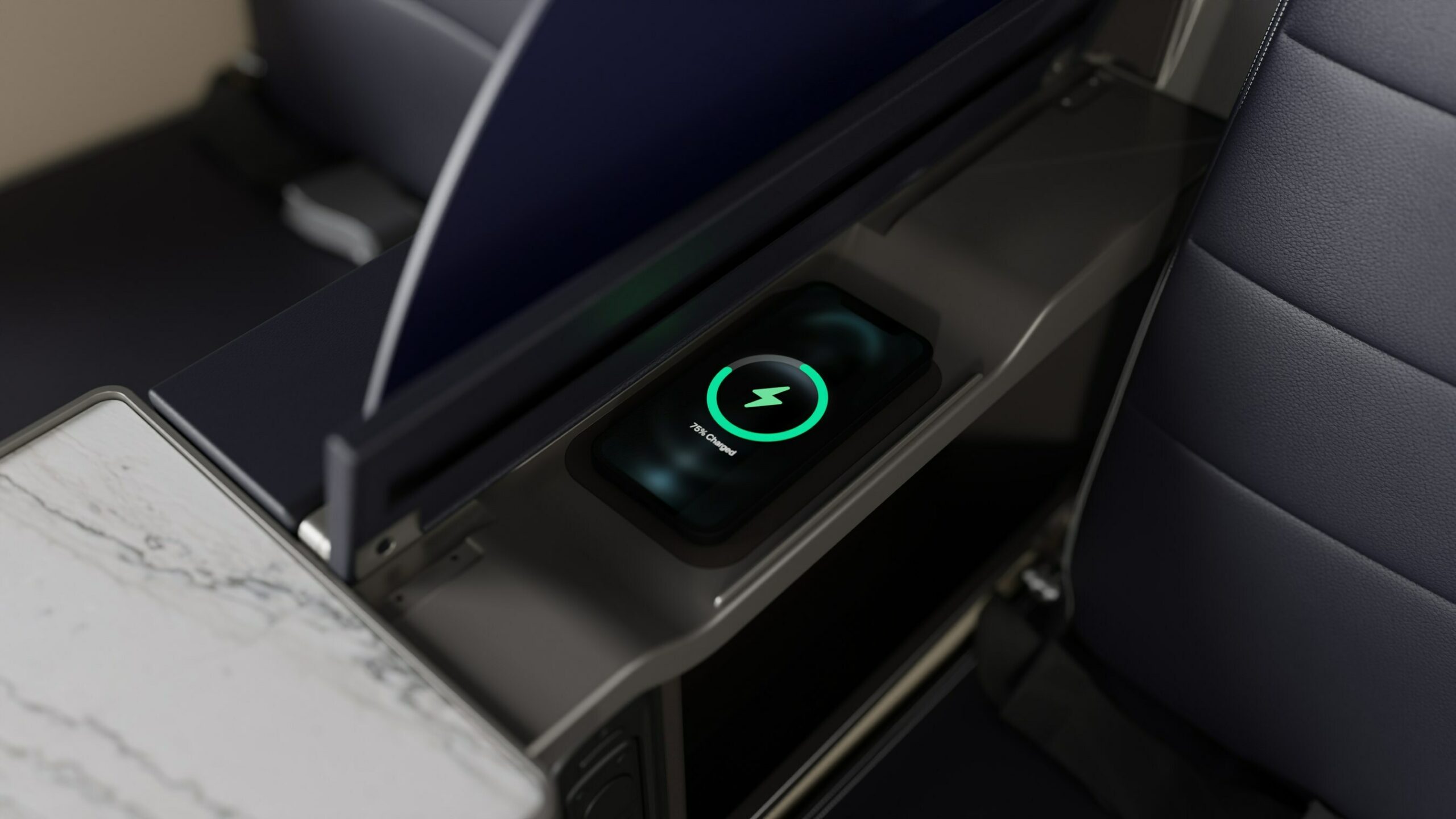 United Airlines First Class Seat Wireless Charging